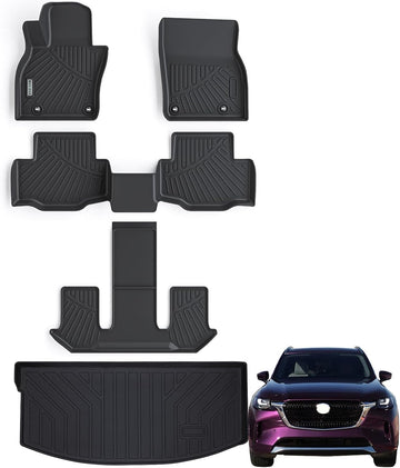 WAYIDSS Floor Mats 3 Rows & Cargo Liner for 2024 Mazda CX-90 6&7 Seats(Both Fit CX90 with and Without 2nd Row Console),TPE All Weather Protection Car Floor Liners & Trunk mat Accessories-Black