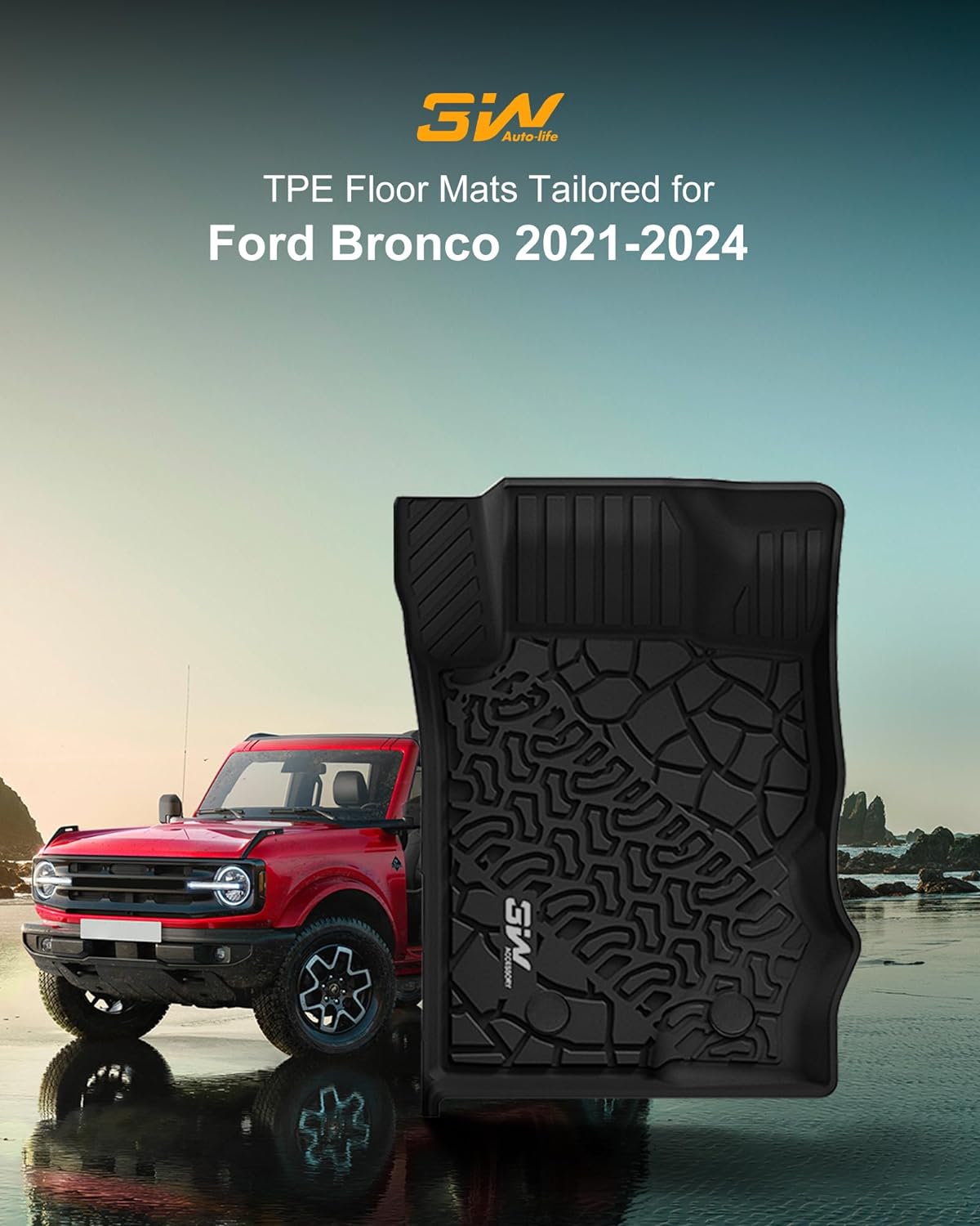 3W Floor Mats &amp; Cargo Liner Compatible for 2021-2024 Ford Bronco 4 Door, TPE All Weather Custom Fit Floor Liner 1st 2nd Row and Trunk Mat Full Set Car Mats, Black (Not for Bronco Sport)