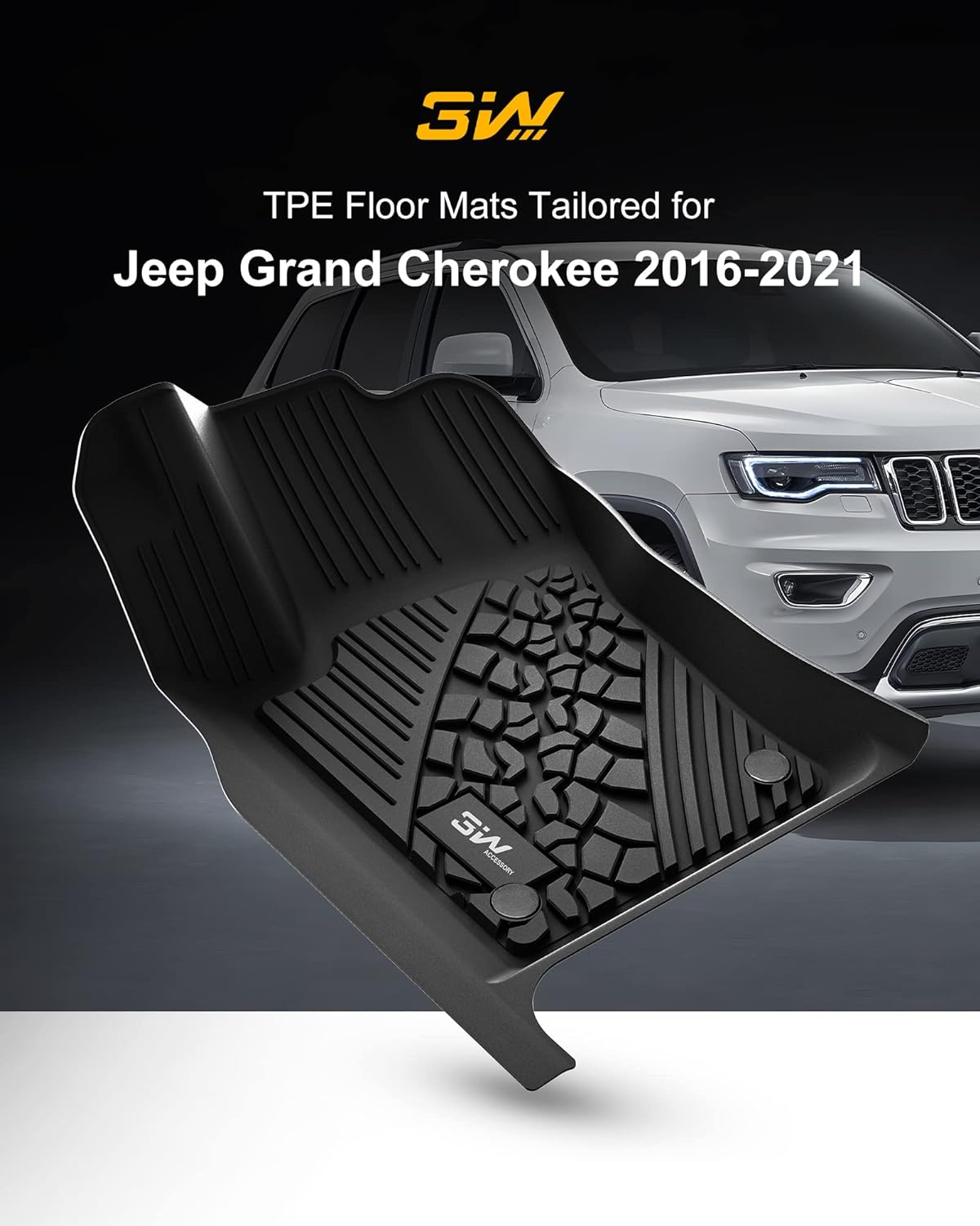 3W Custom Fit Floor Mats &amp; Cargo Liner for Jeep Grand Cherokee (2016-2020) NOT for Jeep Cherokee Full Set car Liners &amp; Trunk Mat All Weather TPE, Black