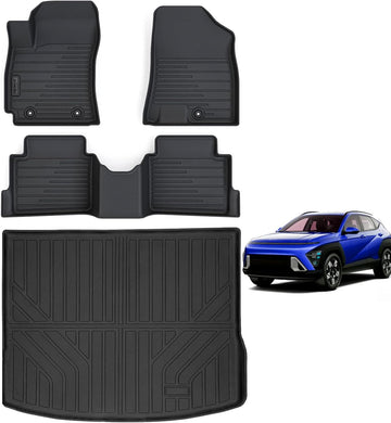 Floor Mats for Hyundai KONA 2024 2025 Gas (Non Electric Model) & Trunk Mat,TPE All Weather Protection 1st & 2nd Row Car Floor Liners & Cargo Liners Accessories-Black