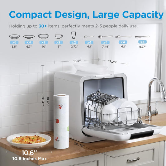 Midea Countertop Dishwasher Portable with 6L(1.59G) Built-in Water Tank, 5+2 Programs, Baby Care, Auto Door Open, Dual Drying System, Energy-Saving and Odor Removal, for Apartments, Dorms& RVs, White
