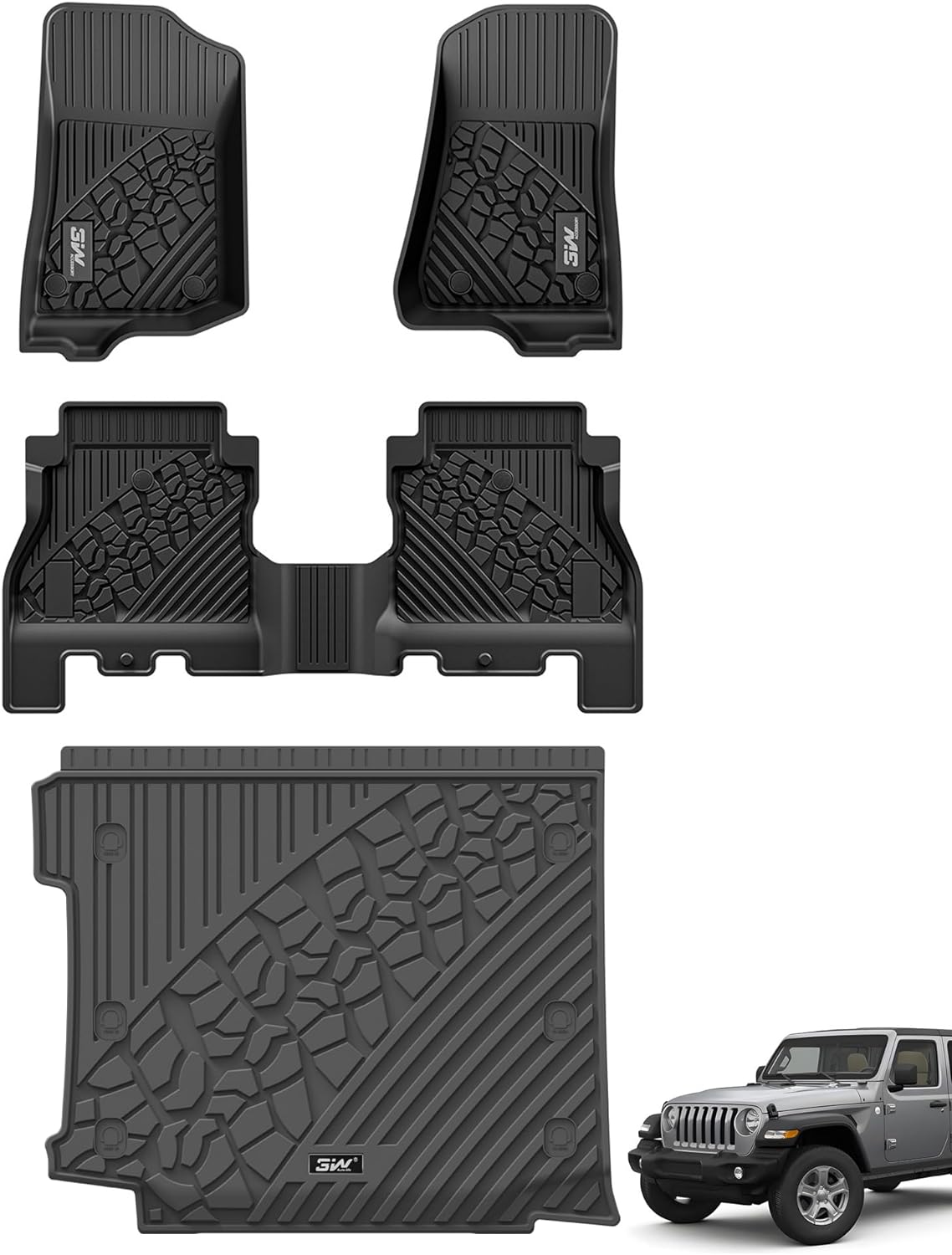 3W Floor Mats&Cargo Liner Fit for Jeep Wrangler JL 2018-2024 Unlimited 4-Door with Subwoofer (Non JK or 4XE) All-Weather TPE Floor Liner for 1st, 2nd Row and Trunk Full Set Car Mats,Black