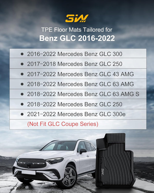 3W Floor Mats and Cargo Liner Compatible for Benz GLC 2016-2022 TPE All Weather Anti-Slip Odorless Custom Fit Floor Liner and Cargo Mats 1st 2nd Rows Car Mats and Trunk Liner Black 10+Years Lifespan