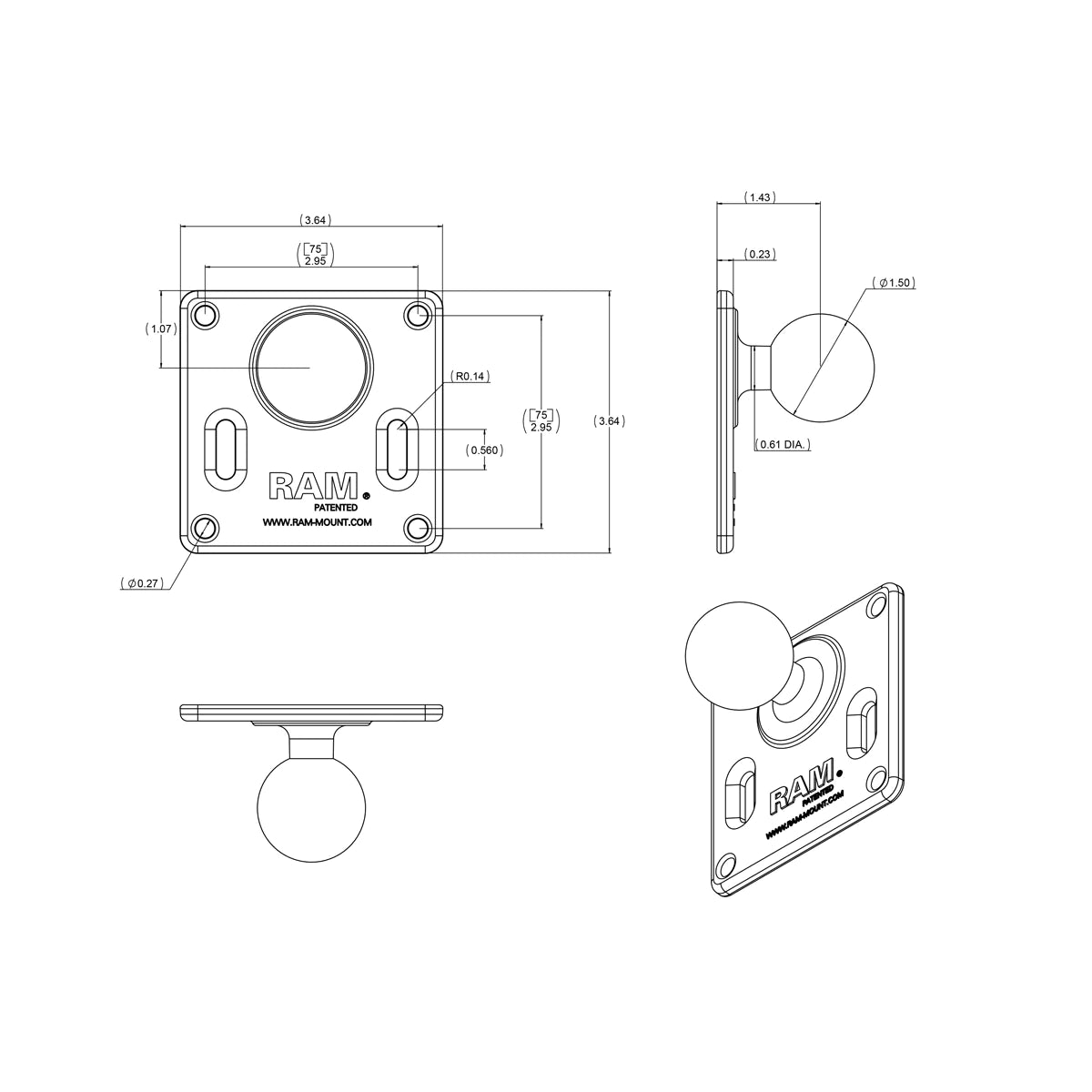 RAM® 75x75mm VESA Plate with Ball - C Size Part#:RAM-2461U