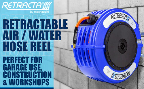 Macnaught R3 Engineered Thermoplastic Heavy Duty Hose Reel Air Water Service 1/2 inch x 65 ft Blue Case / Orange Hose PN# RO465B-02