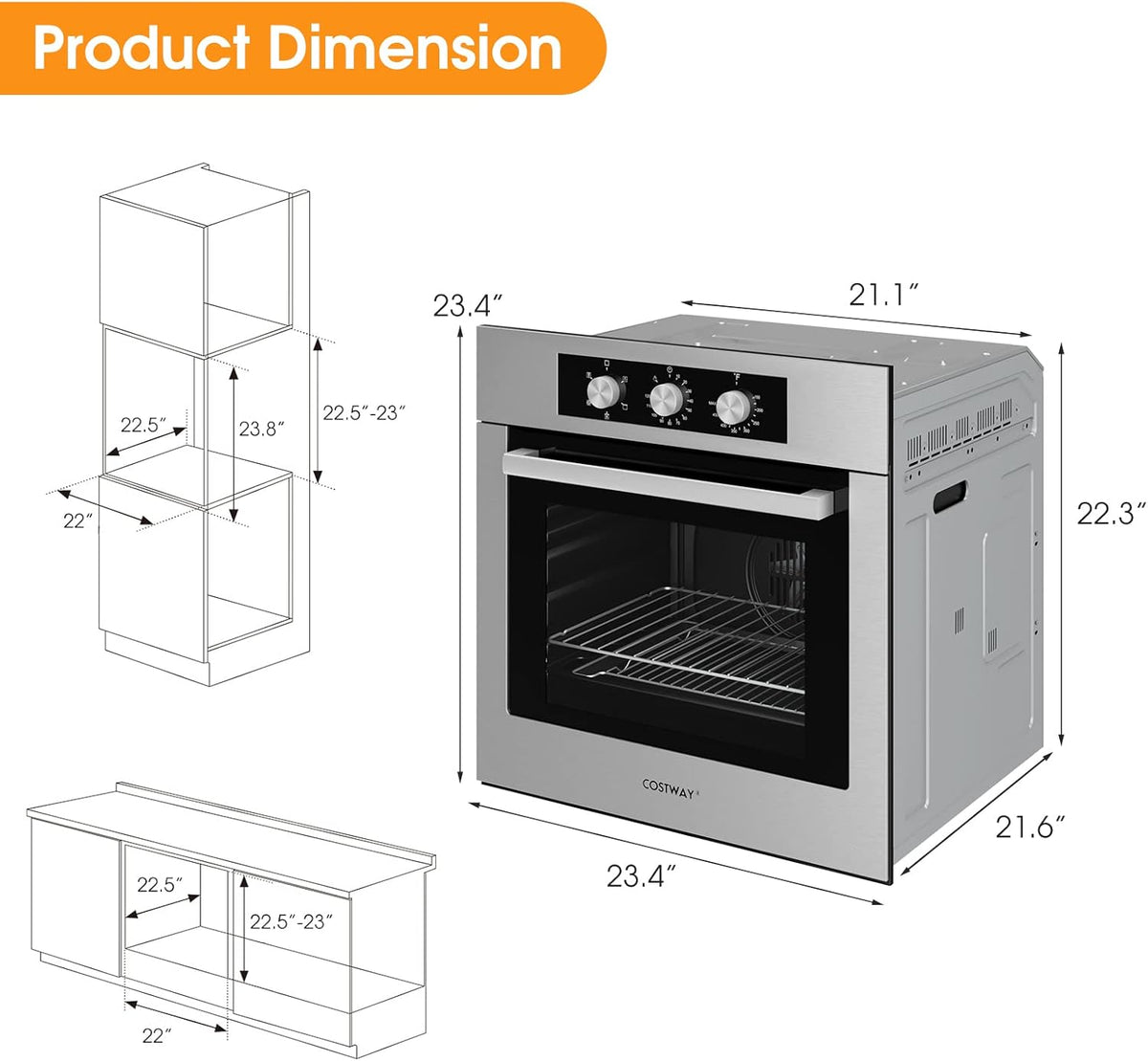 Costway 24&quot; Single Wall Oven 2.47Cu.ft Built-in Electric Oven 2300W w/ 5 Cooking Modes