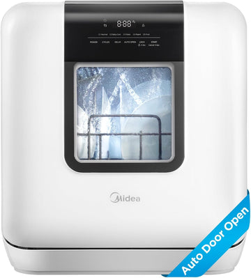 Midea Countertop Dishwasher Portable with 6L(1.59G) Built-in Water Tank, 5+2 Programs, Baby Care, Auto Door Open, Dual Drying System, Energy-Saving and Odor Removal, for Apartments, Dorms& RVs, White