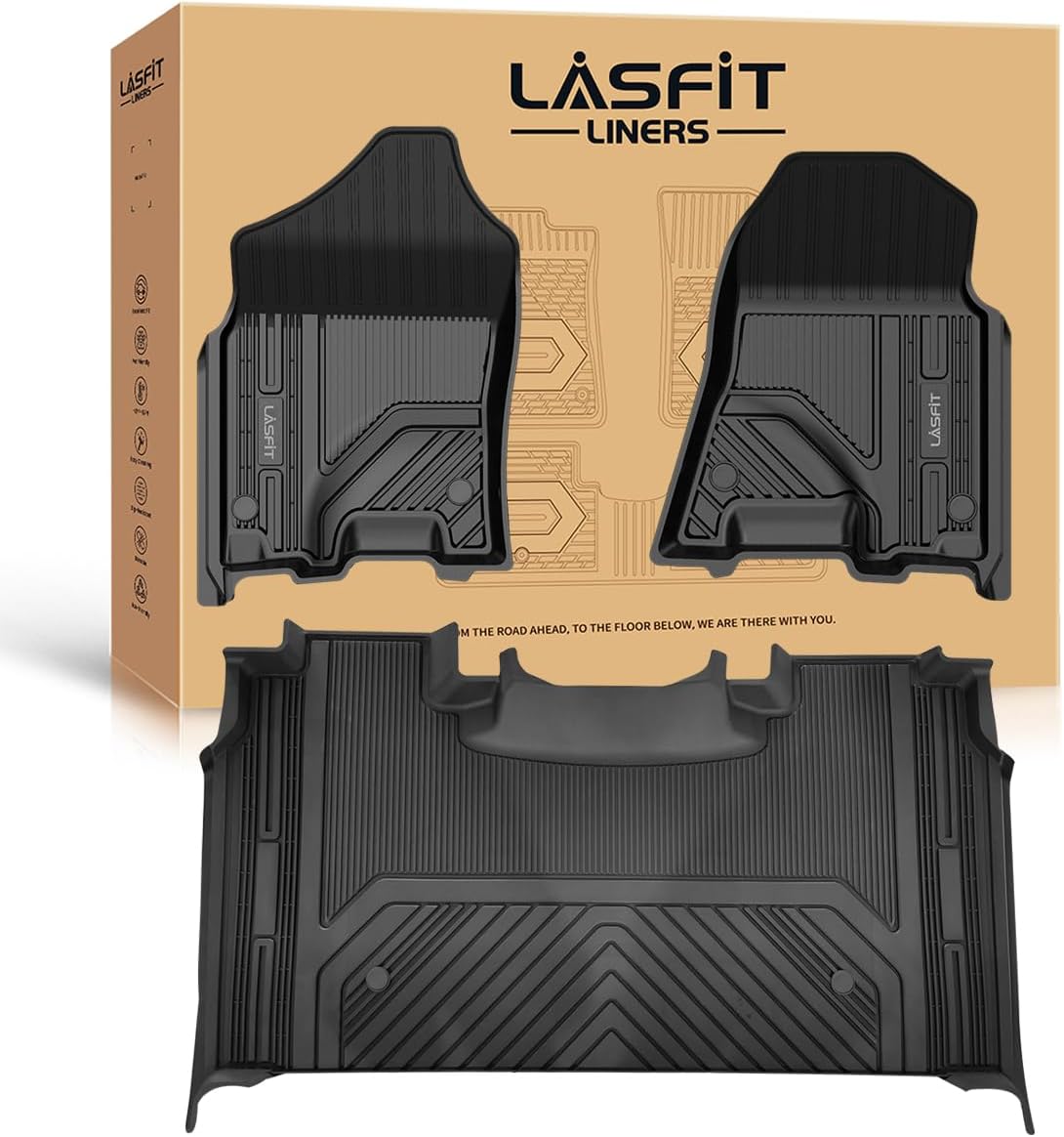 LASFIT Floor Mats 2019-2024 for Ram 1500 Crew Cab (NOT Fit for Classic Model) with Folded Rear Under-Seat Storage Bucket Seat, All Weather Heavy Duty Custom Fit TPE Car Floor Liners