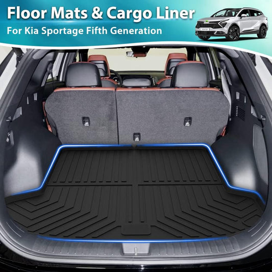 FIILINES Custom Fit for Floor Mats & Cargo Liner 2023 2024 Kia Sportage (Only Fit Non-Hybrid Model with Cargo Subwoofer) All Weather Waterproof Durable Floor Liners and Cargo Mat Set Black