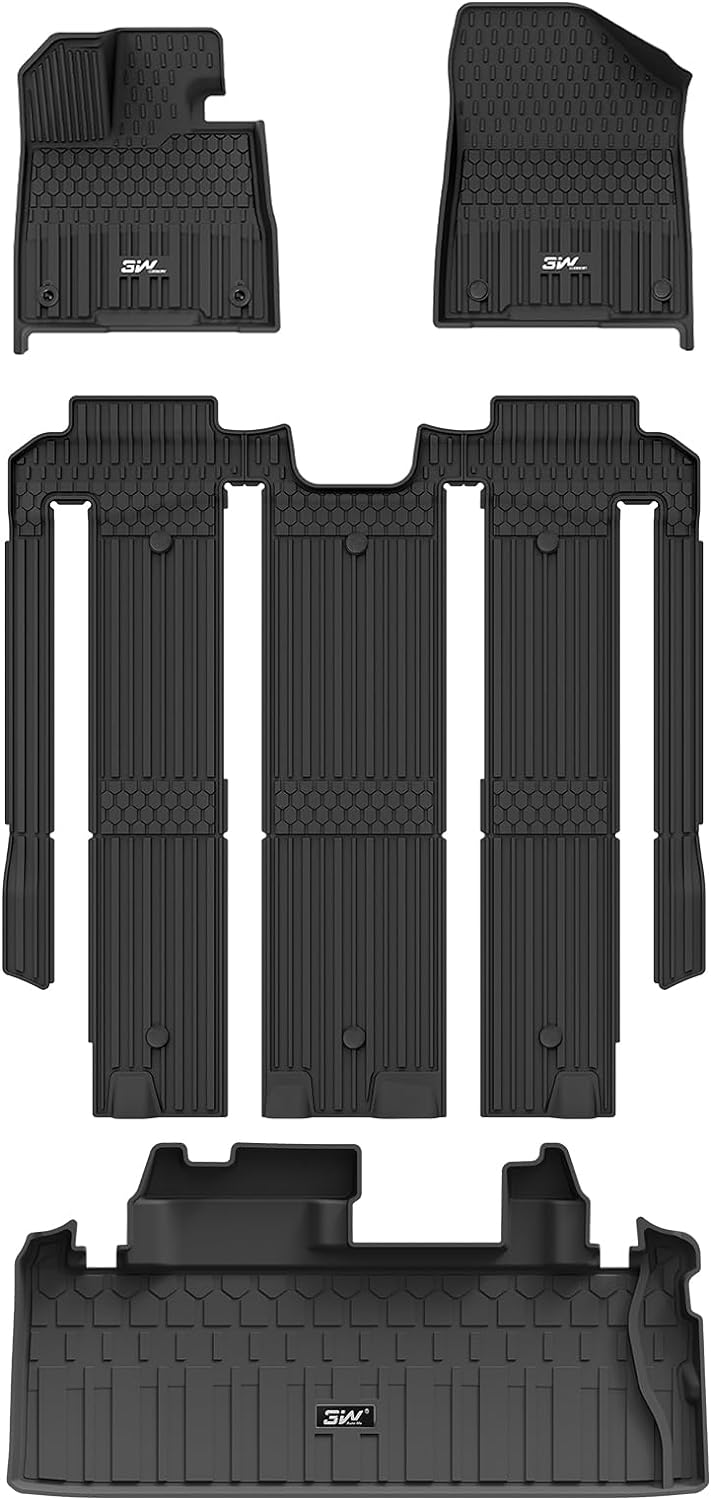 3W Floor Mats &amp; Cargo Liner Fit Toyota Sienna 2021-2023 (Only for 7 Seat Without Spare Tire) TPE All Weather Custom Fit Floor Liner for Sienna 1st, 2nd and 3rd Row and Trunk Without Spare Tire, Black