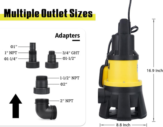 6000GPH Submersible Sump Pump with Float Switch1.5HP Sewage Effluent Pump with 16FT Power Cord for Pool Draining, Flooded House, Sump Pit, Pond Water Removal