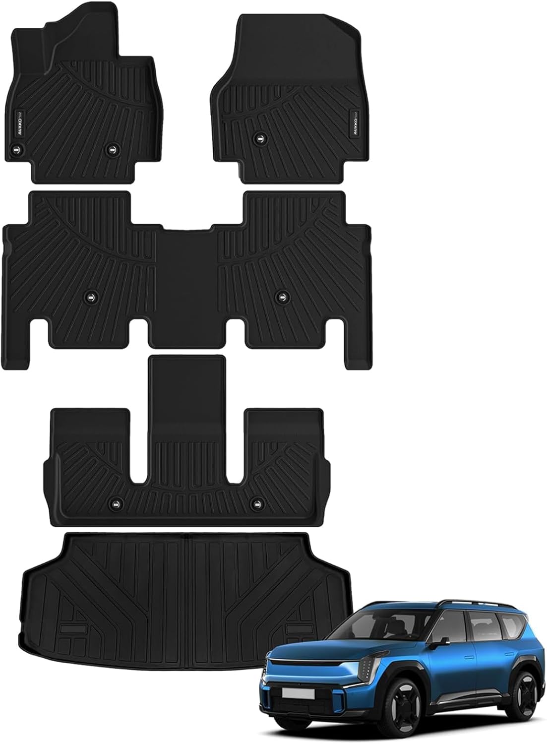 AUXKO- All Weather Floor Mats Cargo Mat Fit for Kia EV9 6 Seat 2024 2025 TPE Liners EV9 Accessories Set All Season Guard Odorless Anti-Slip Floor Mats Cargo Liner Black