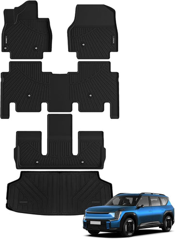 AUXKO- All Weather Floor Mats Cargo Mat Fit for Kia EV9 6 Seat 2024 2025 TPE Liners EV9 Accessories Set All Season Guard Odorless Anti-Slip Floor Mats Cargo Liner Black