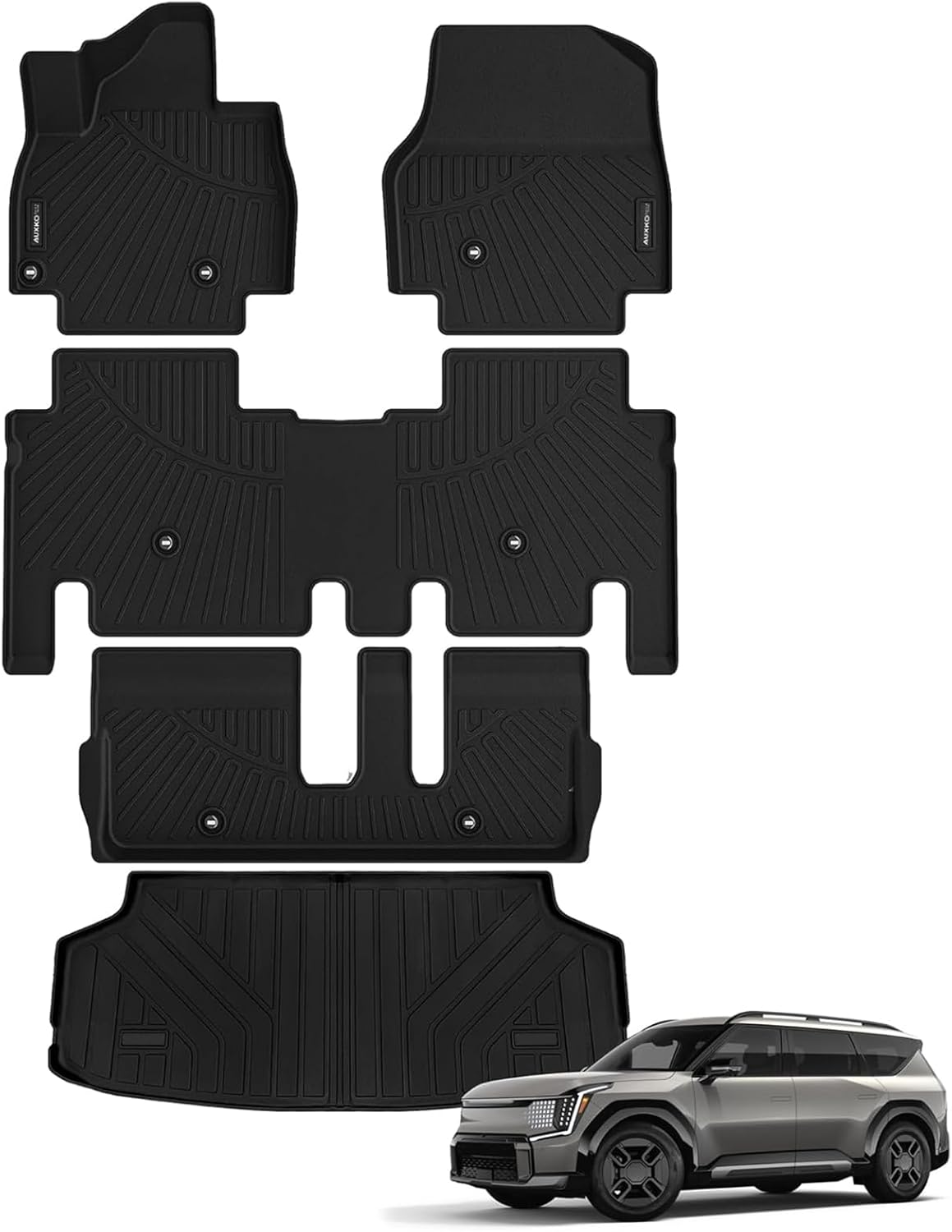 AUXKO- All Weather Floor Mats Cargo Mat Fit for Kia EV9 7 Seat 2024 2025 TPE Liners EV9 Accessories Set All Season Guard Odorless Anti-Slip Floor Mats Cargo Liner Black