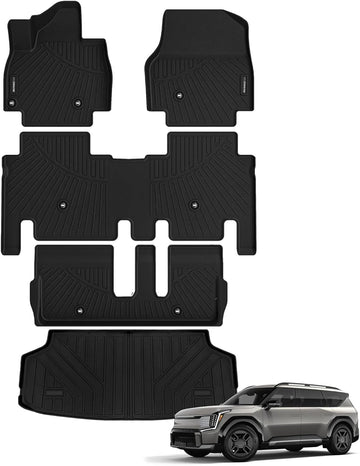 AUXKO- All Weather Floor Mats Cargo Mat Fit for Kia EV9 7 Seat 2024 2025 TPE Liners EV9 Accessories Set All Season Guard Odorless Anti-Slip Floor Mats Cargo Liner Black