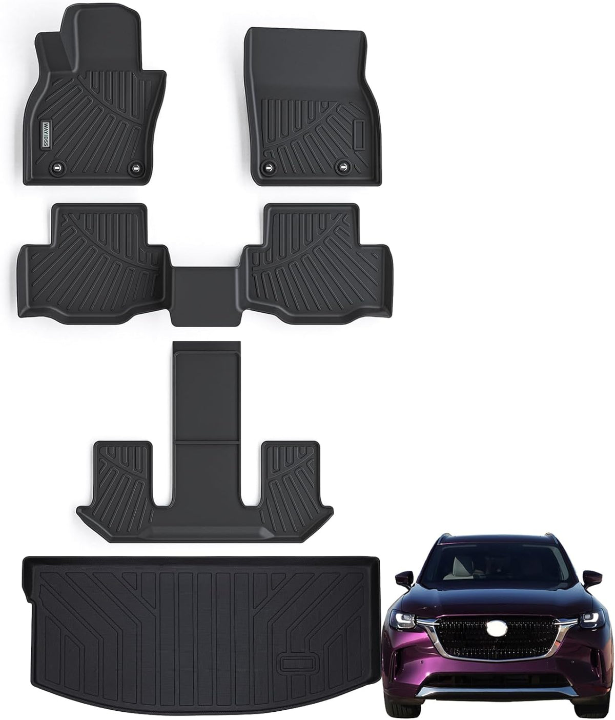 WAYIDSS Floor Mats 3 Rows &amp; Cargo Liner for 2024 Mazda CX-90 6&amp;7 Seats（Both Fit CX90 with and Without 2nd Row Console），TPE All Weather Protection Car Floor Liners &amp; Trunk mat Accessories-Black