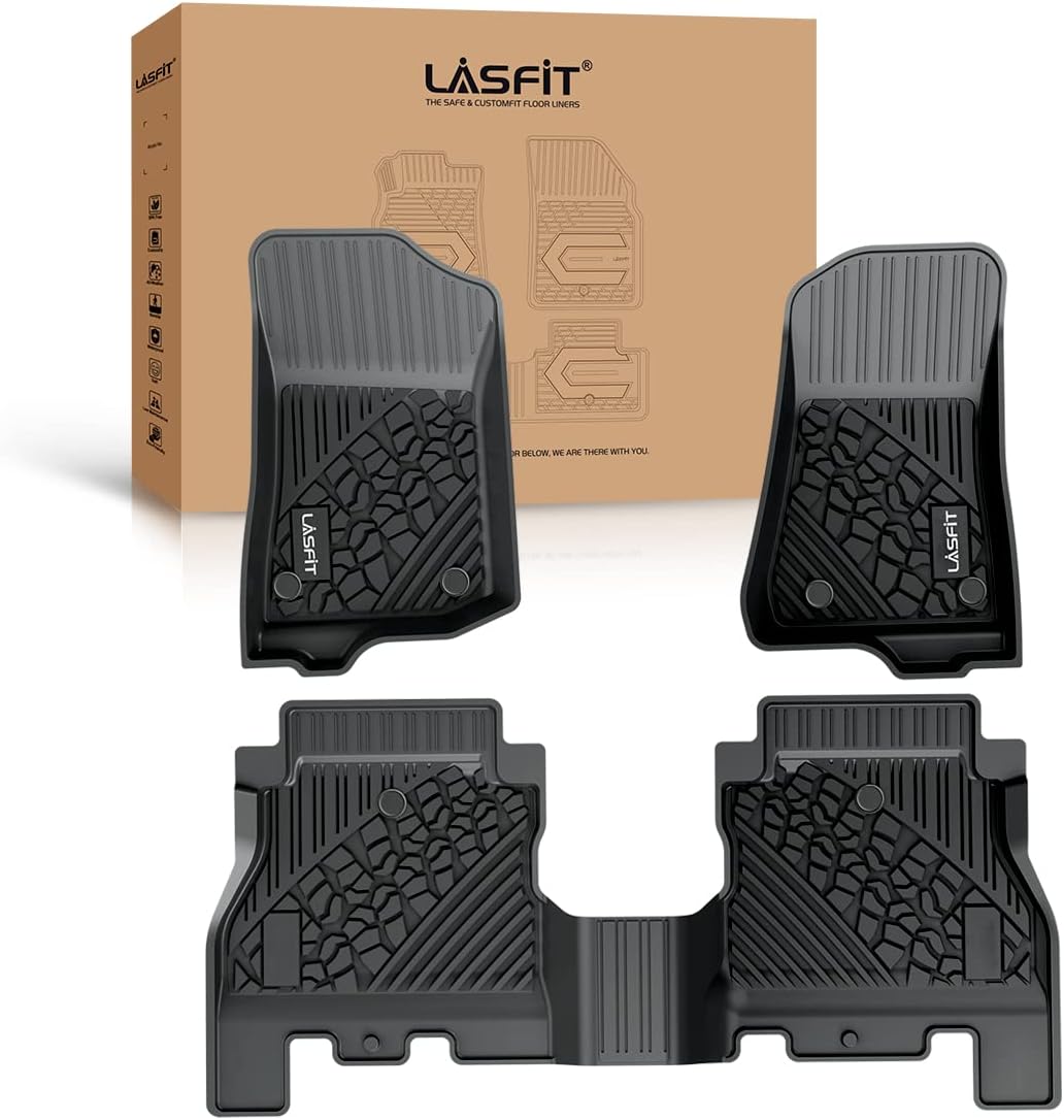 LASFIT Floor Mats Fit for 2018-2024 Jeep Wrangler JL Unlimited 4 Door Only (Not Fit for JK or 4XE), TPE All Weather Car Liners,Custom Fit 1st & 2nd Row Floor Liners, Black