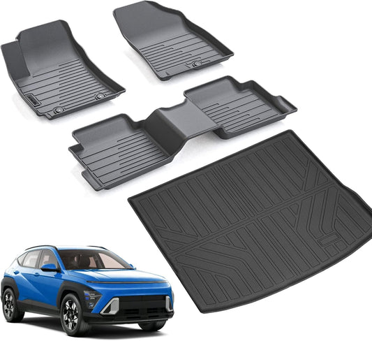 Floor Mats for Hyundai KONA 2024 2025 Gas (Non Electric Model) & Trunk Mat,TPE All Weather Protection 1st & 2nd Row Car Floor Liners & Cargo Liners Accessories-Black