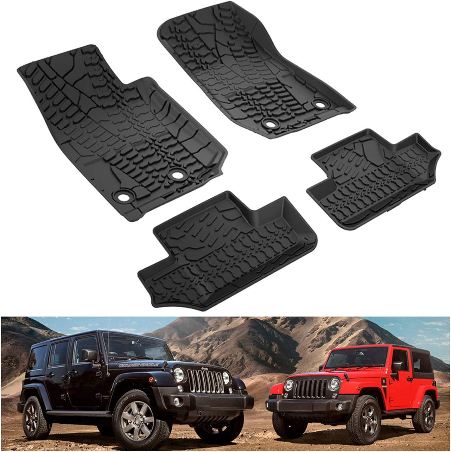 KIWI MASTER Floor Mats Compatible for 2014-2017 Jeep Wrangler JK 2-Door Front & Rear 2 Row All Weather TPE Mat Slush Liners Black