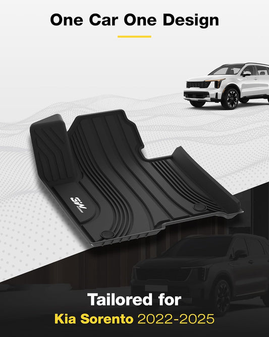 3W Floor Mats for Kia Sorento 2022-2025 (Not for Hybrid) All Weather Protection Non-Slip Odorless TPE Automotive Full Set Floor Liners Custom Accessories Black 10+ Years Lifespan