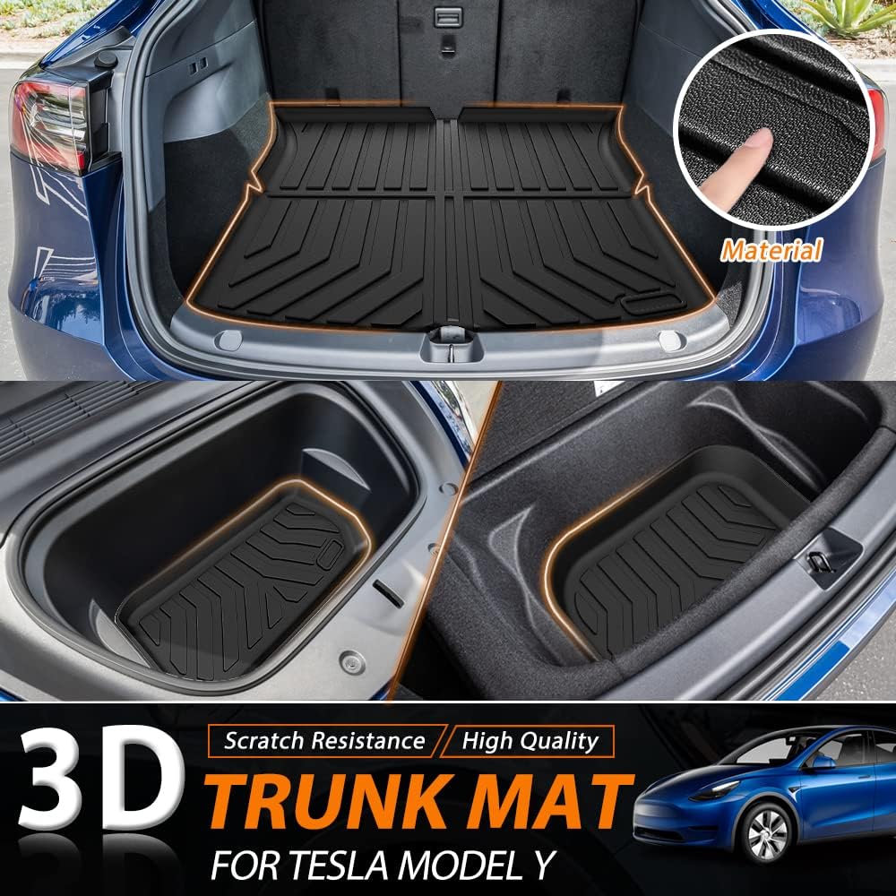 FIILINES Custom Fit for Frunk Trunk Mat 2020 2021 2022 2023 Tesla Model Y 5 Seater Accessories (Not Fit 7-Seater) All Weather Frunk Mat Rear Storage Mat Cargo Trunk Liner Floor Mat