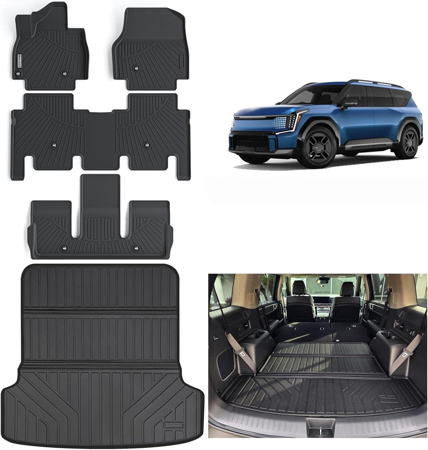 WAYIDSS Floor Mats & Large Trunk Mat for 2024 KIA EV9 6-seats version（Not Fit for 7-seats）, TPE All Weather Protection 3 Rows Full Set Car Floor Liners with Cargo Liners (Full coverage foldable)-Black