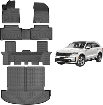 FIILINES Floor Mats & Cargo Liner for Kia Sorento 2021-2025 (Only Fits Bench Seats & 7 Seats) All Custom Weather Waterproof Durable 3 Row Floor Liners and Cargo Mat Set Black