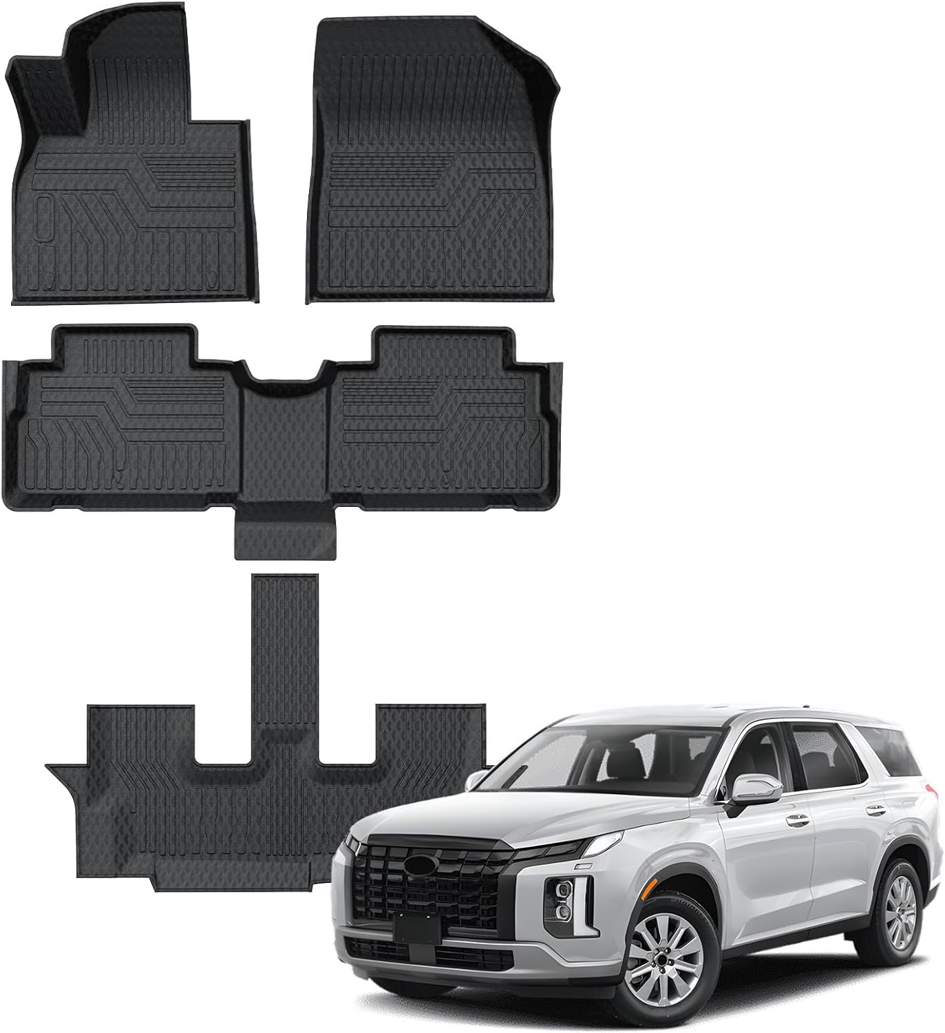 FIILINES Floor Mats for Hyundai Palisade with 2nd Row Bucket Seats 2020-2025, 3D All Weather Floor Liners Waterproof Durable 1st & 2nd & 3rd Row Liner Set Black