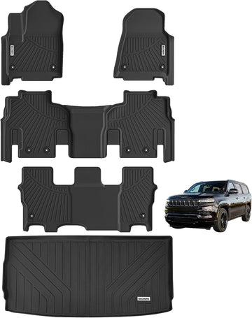 BACHENG TPE Floor Mats Car Accessories Compatible for Jeep Wagoneer 2022 2023 2024 2025 8 Passenger Model 2 Rows Black Durable Mats for Ultimate Floor Protection Rug and Mat Solution