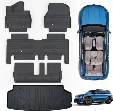 AltraVos Floor Mats & Trunk Mat for 2024 KIA EV9 7-Seats Version（2 Row Bench Seat）, 1st & 2nd & 3rd Rows Full Set with Cargo Liners,TPE All Weather Protection Car Floor Liners-Black