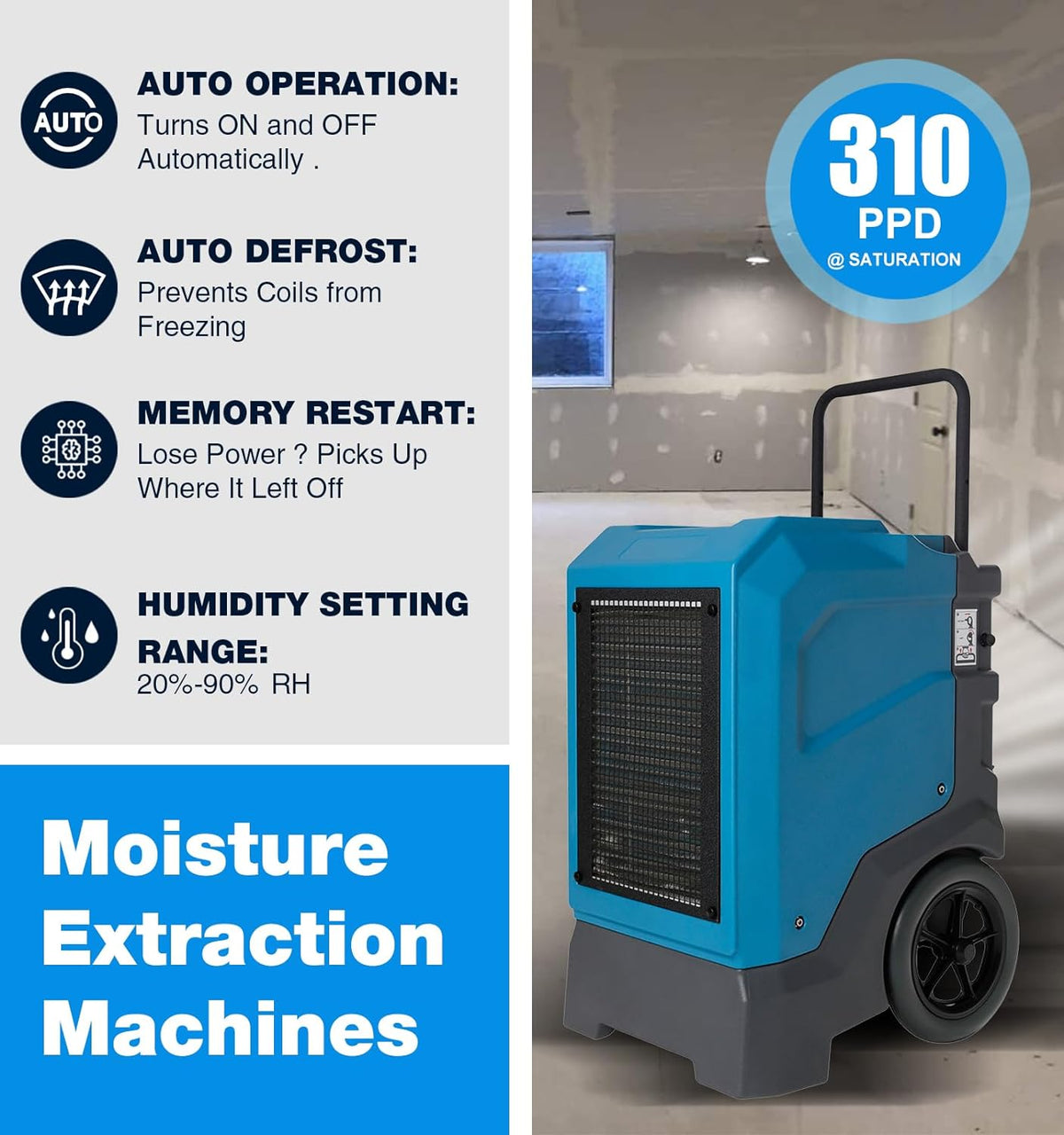 Mounto MOUNTO 310Pints LGR Commercial Dehumidifier with Pump and Drain Hose, Bluetooth, LGR Portable Dehumidifier with wheels for Home, Basements, Garages, and Job Sites.…