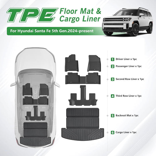 Floor Mat and Cargo Liner Custom Fit for Hyundai Santa Fe 2024-2027 (Non-Hybrid) Accessories TPE 3D All Weather Floor Liners Trunk Mat Heavy Duty Rear Trunk Tray
