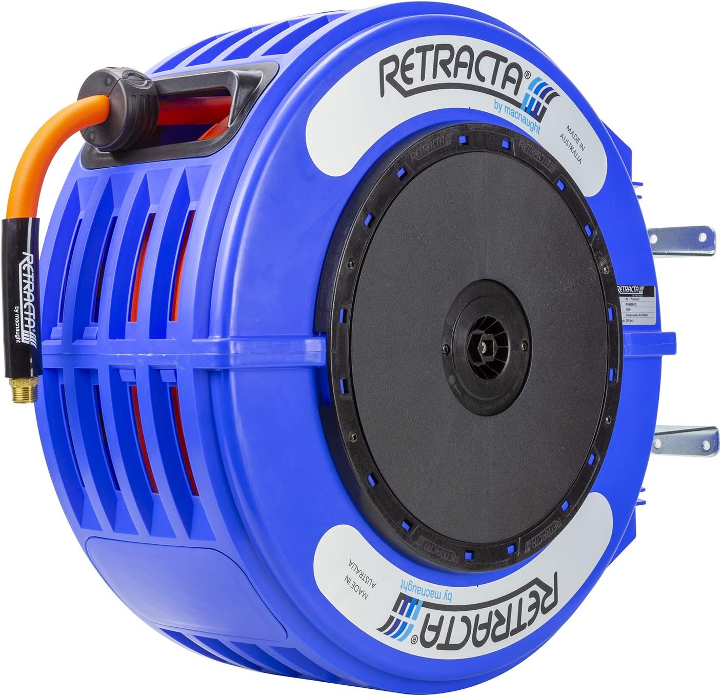 Macnaught R3 Engineered Thermoplastic Heavy Duty Hose Reel Air Water Service 1/2 inch x 65 ft Blue Case / Orange Hose PN# RO465B-02