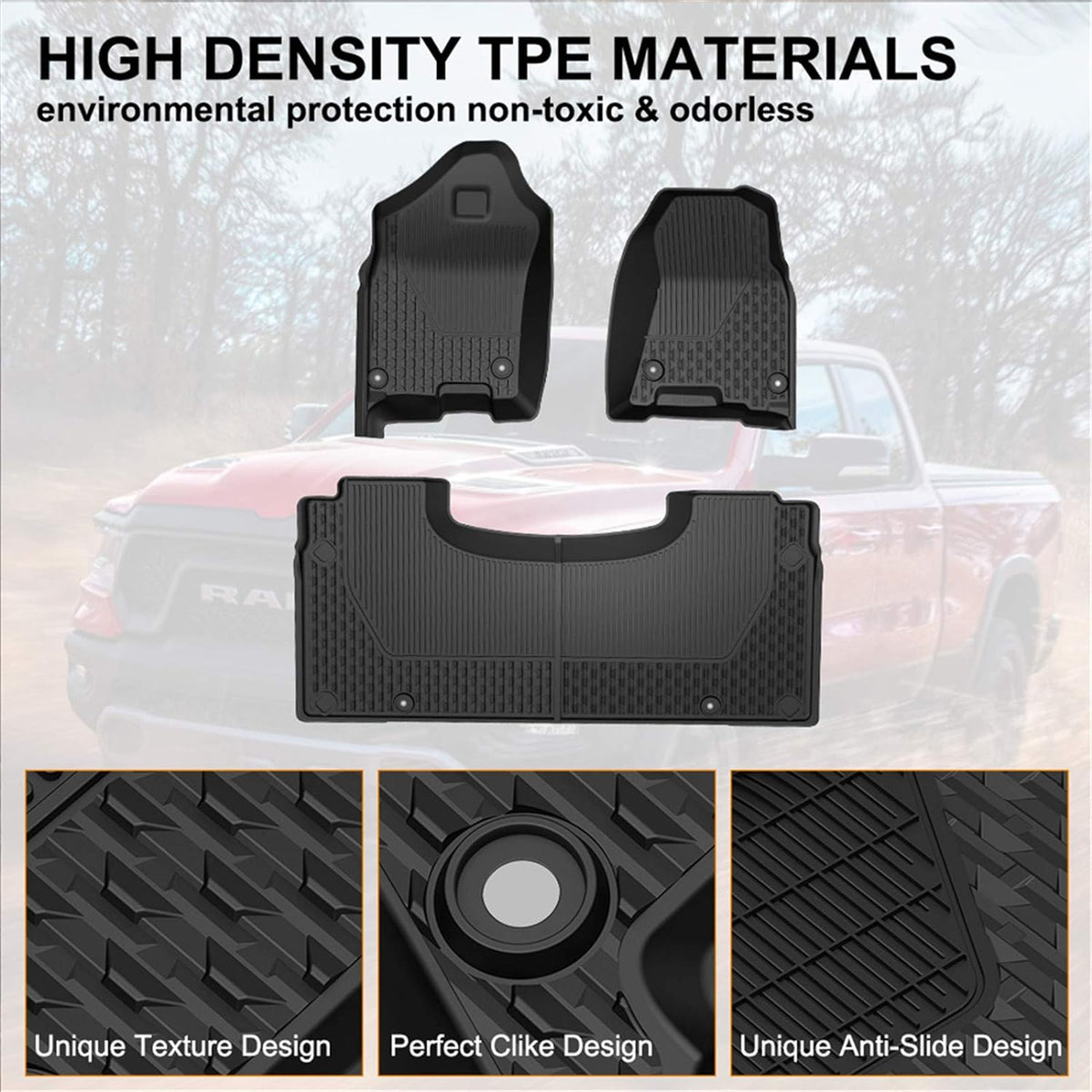 KIWI MASTER Floor Mats Compatible with 2019-2023 Dodge Ram 1500 Crew Cab Accessories All Weather Custom Fit Mat Liners TPE Slush Liner Black, Replace OEM # 82215321AB