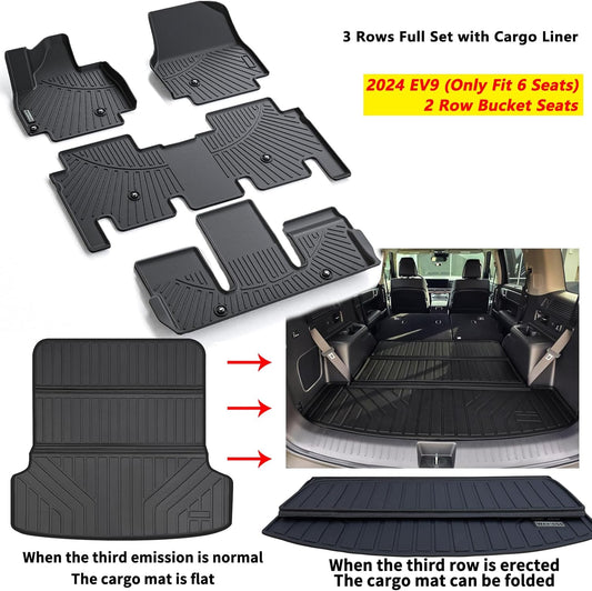 WAYIDSS Floor Mats & Large Trunk Mat for 2024 KIA EV9 6-seats version（Not Fit for 7-seats）, TPE All Weather Protection 3 Rows Full Set Car Floor Liners with Cargo Liners (Full coverage foldable)-Black