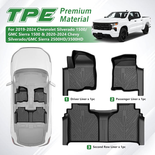 Cacartist Floor Mat Compatible with 2019-2025 Silverado 1500/GMC Sierra 1500 & 2020-2025 Chevy Silverado/GMC Sierra 2500HD/3500HD Crew Cab with Rear Underseat Storage Box, Front Bucket