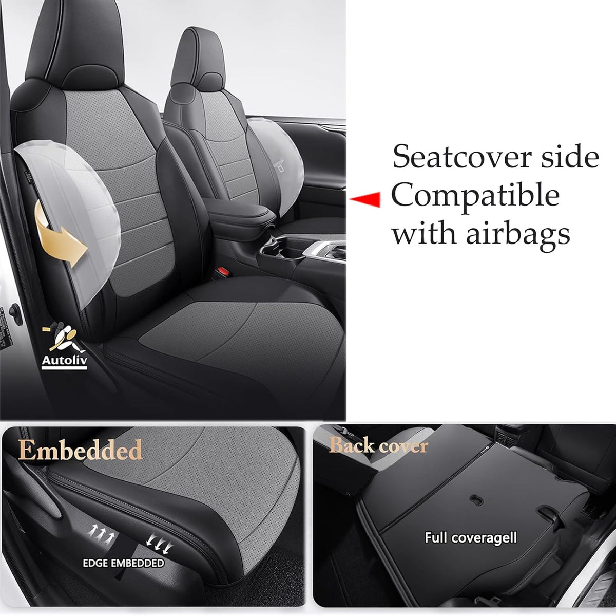 HKZ Custom Fit Seat Covers for Toyota RAV4 2019 2020 2021 2022 2023 2024 RAV4(LE XLE,XLE Premium,Limited) Gas Models Only,5-Seats Full Set, Leather-Black+Grey