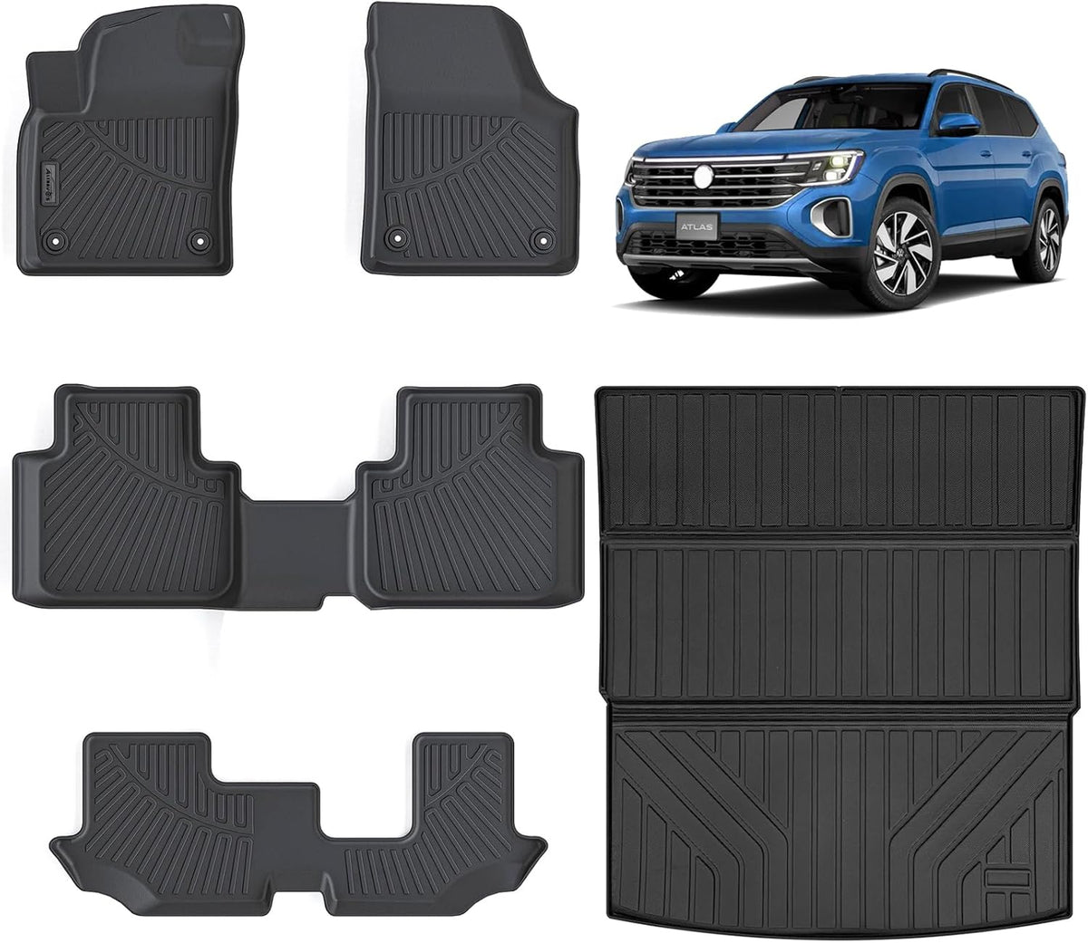 AltraVos Floor Mats &amp; Large Trunk Mat for 2018-2023 2024 Volkswagen Atlas（Only Fit 7 Seats）-2nd Row Bench Seat,TPE All Weather Protection 3 Rows Car Floor Liners with Large Cargo Liners for VW Atlas