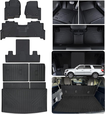 Asinri Floor Mats & Trunk mat for 2018-2023 2024 Ford Expedition MAX(Only Fit MAX 8 Seats) (2 Row Bench Seat),TPE All Weather Protection 3 Rows Car Floor Liners with Cargo Liners & Seat Back Protector