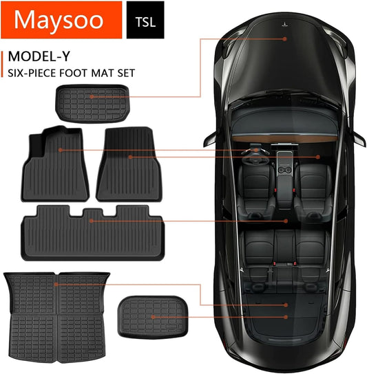 Maysoo Floor Mats for Tesla Model Y 2024-2020 All Weather TPE Cargo Liner Floor Mats and Cargo Trunk Mats Accessories (Set of 6)