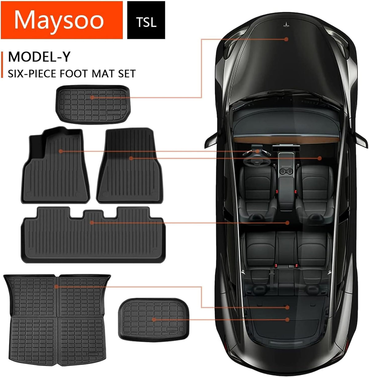 Maysoo Floor Mats for Tesla Model Y 2024-2020 All Weather TPE Cargo Liner Floor Mats and Cargo Trunk Mats Accessories (Set of 6 - Does Not Fit 7-Seat)