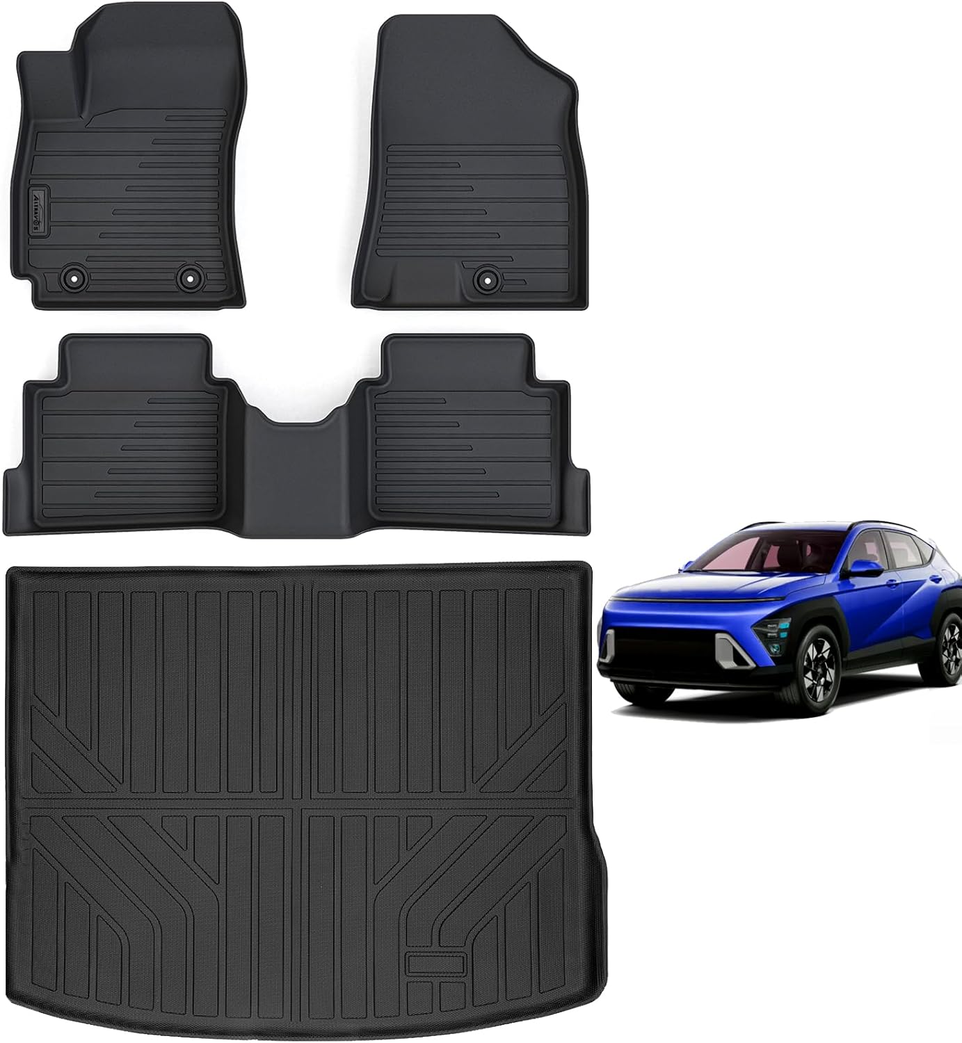 Floor Mats for Hyundai KONA 2024 2025 Gas (Non Electric Model) & Trunk Mat,TPE All Weather Protection 1st & 2nd Row Car Floor Liners & Cargo Liners Accessories-Black