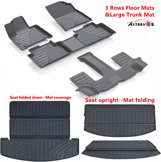 AltraVos Floor Mats & Large Trunk Mat for 2024-2025 Hyundai Santa FE （Non Hybrid）,TPE All Weather Protection 3 Rows Car Floor Liners with Large Cargo Liners Accessories-Black