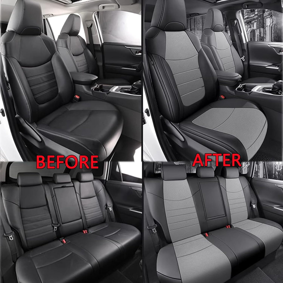 HKZ Custom Fit Seat Covers for Toyota RAV4 2019 2020 2021 2022 2023 2024 RAV4(LE XLE,XLE Premium,Limited) Gas Models Only,5-Seats Full Set, Leather-Black+Grey