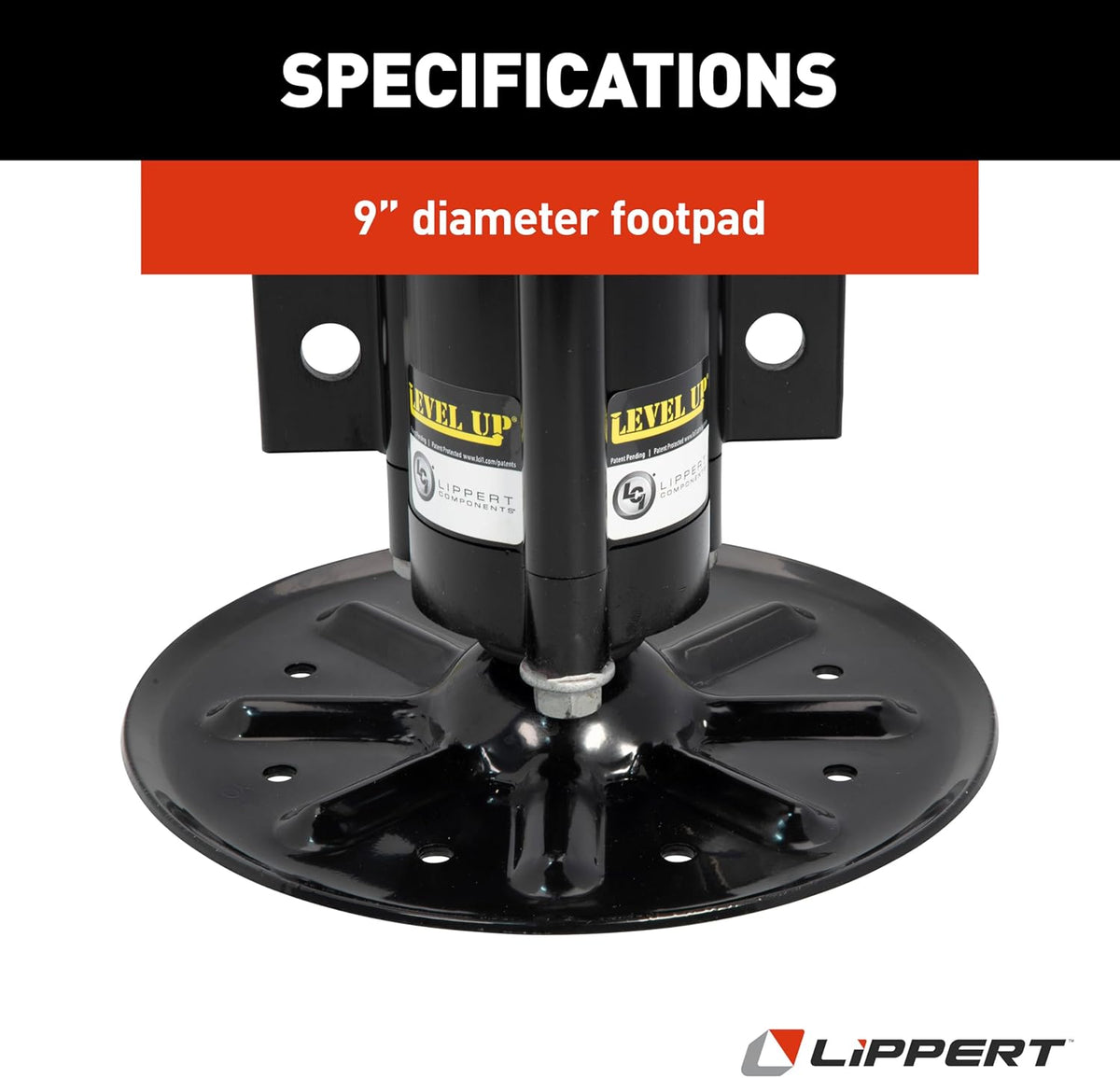 Lippert Level Up Replacement RV Hydraulic Leveling Jack Assembly with 14,000-lb. Lift Capacity, Black Anodized Aluminum Construction, 9” Diameter Footpad - 236560