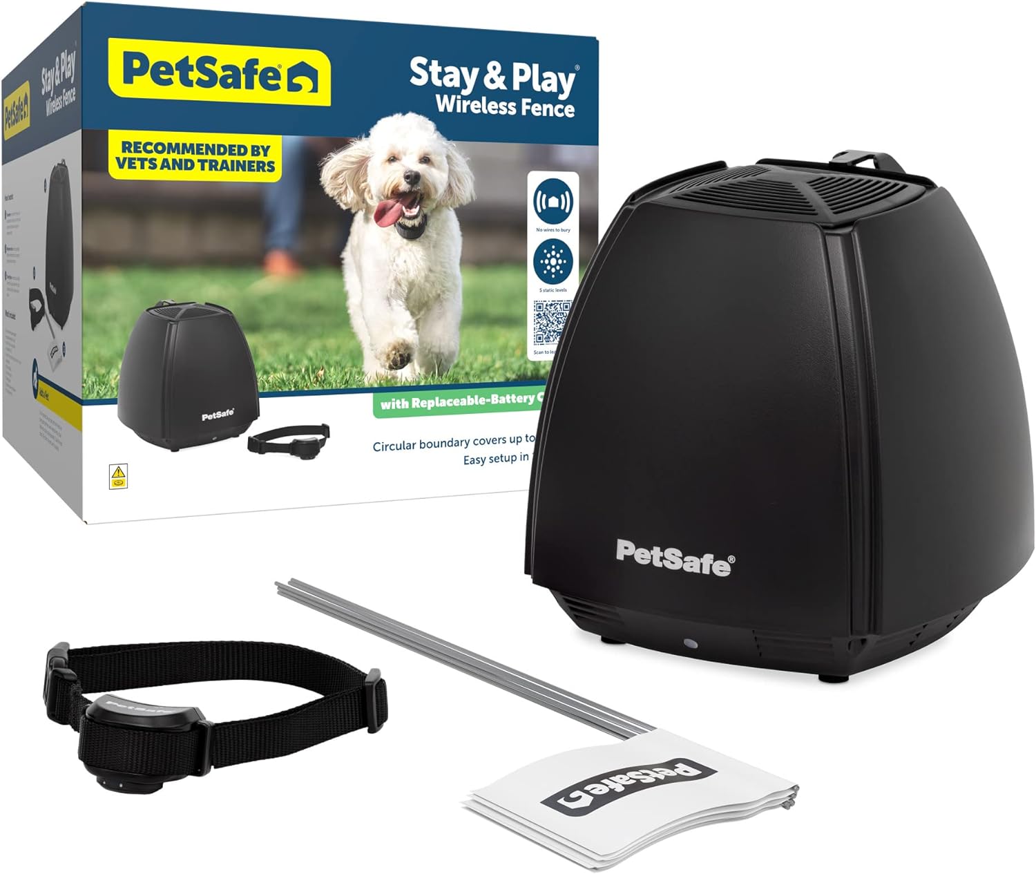 Petsafe Stay and Play Wireless Fence with Replaceable Battery Collar – Covers Up To 3/4 Acre – for Dogs and Cats Over 5 Lb – Waterproof Collar with Tone and Static – From Parent Company of Invisible Fence