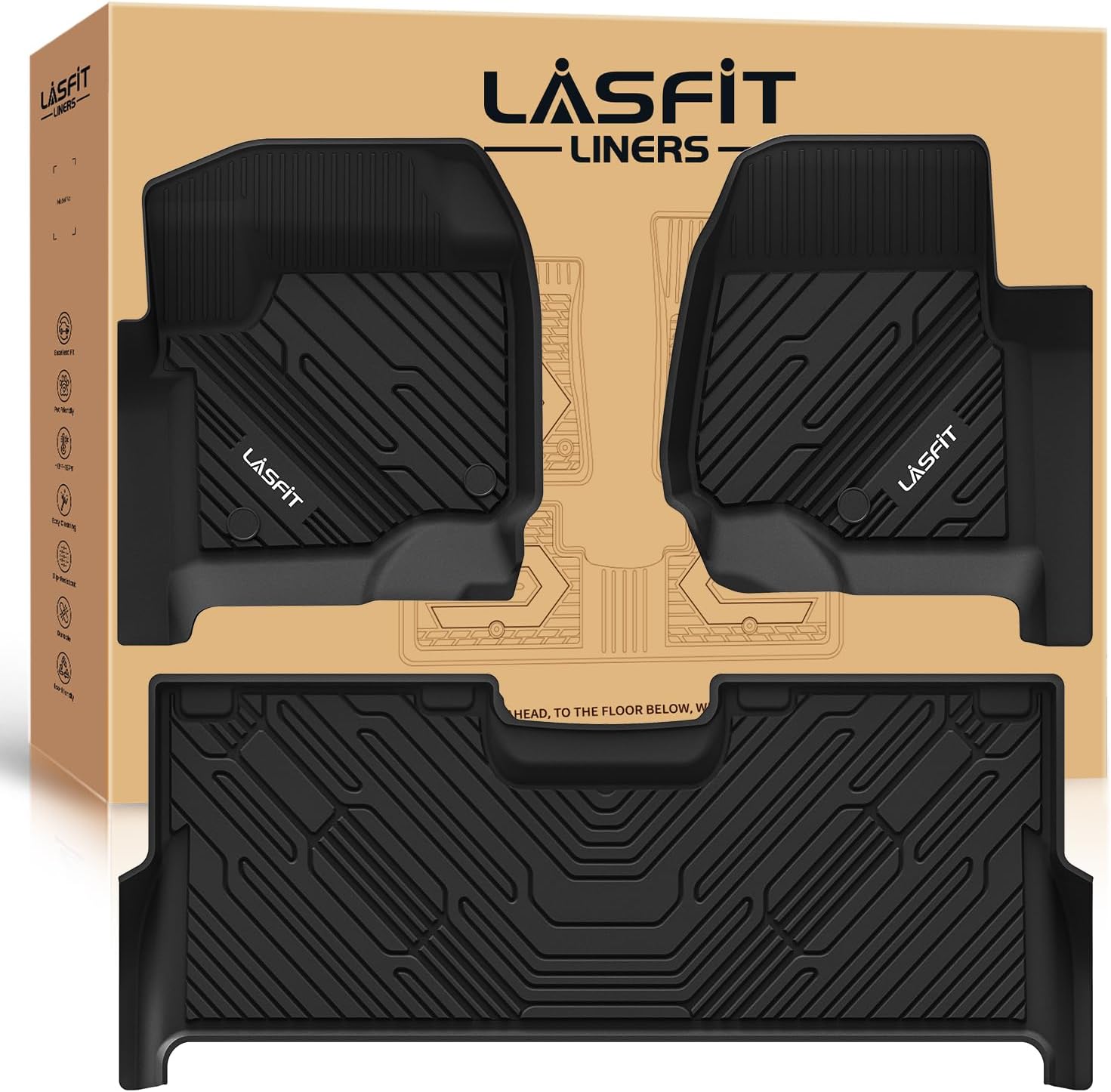 LASFIT Floor Mats for Ford F250/F350/F450/F550 2017-2025 Super Duty Crew Cab w/fctry Strg Box & Carpet, All Weather TPE Floor Liner for F-250/F-350,1st & 2nd (Bucket Seat) Car Mats, Black