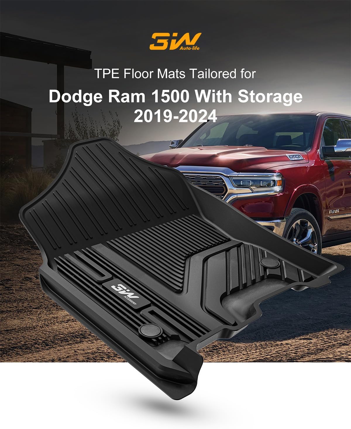 3W Floor Mats Fit for 2019-2024 Dodge Ram 1500 Crew Cab New Body (NOT Classic Models) with Original Storage All Weather TPE Accessories Custom Fit Dodge Ram 1500 Floor Liner Full Set Car Mats