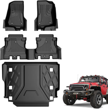 Floor Mats & Cargo Liner Compatible for Jeep Wrangler JL 2018-2024 4 Door Sahara Rubicon without Subwoofer (Non JK or 4XE) All Weather Wrangler Floor Liner for 1st, 2nd Row and Trunk Full Set Car Mats