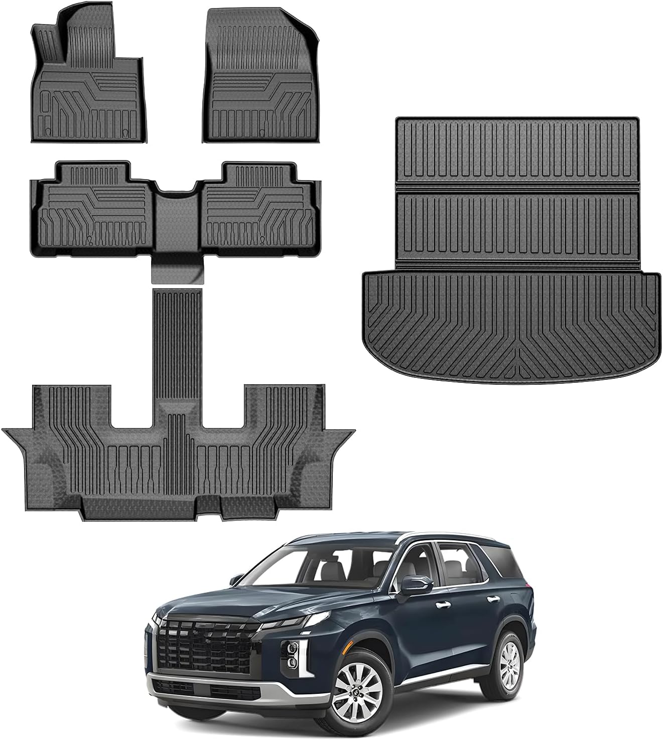 FIILINES Floor Mats & Cargo Liner for Hyundai Palisade 7-Seater 2020-2025, All Weather 3 Rows Floor Liners and Cargo Mat Set Black
